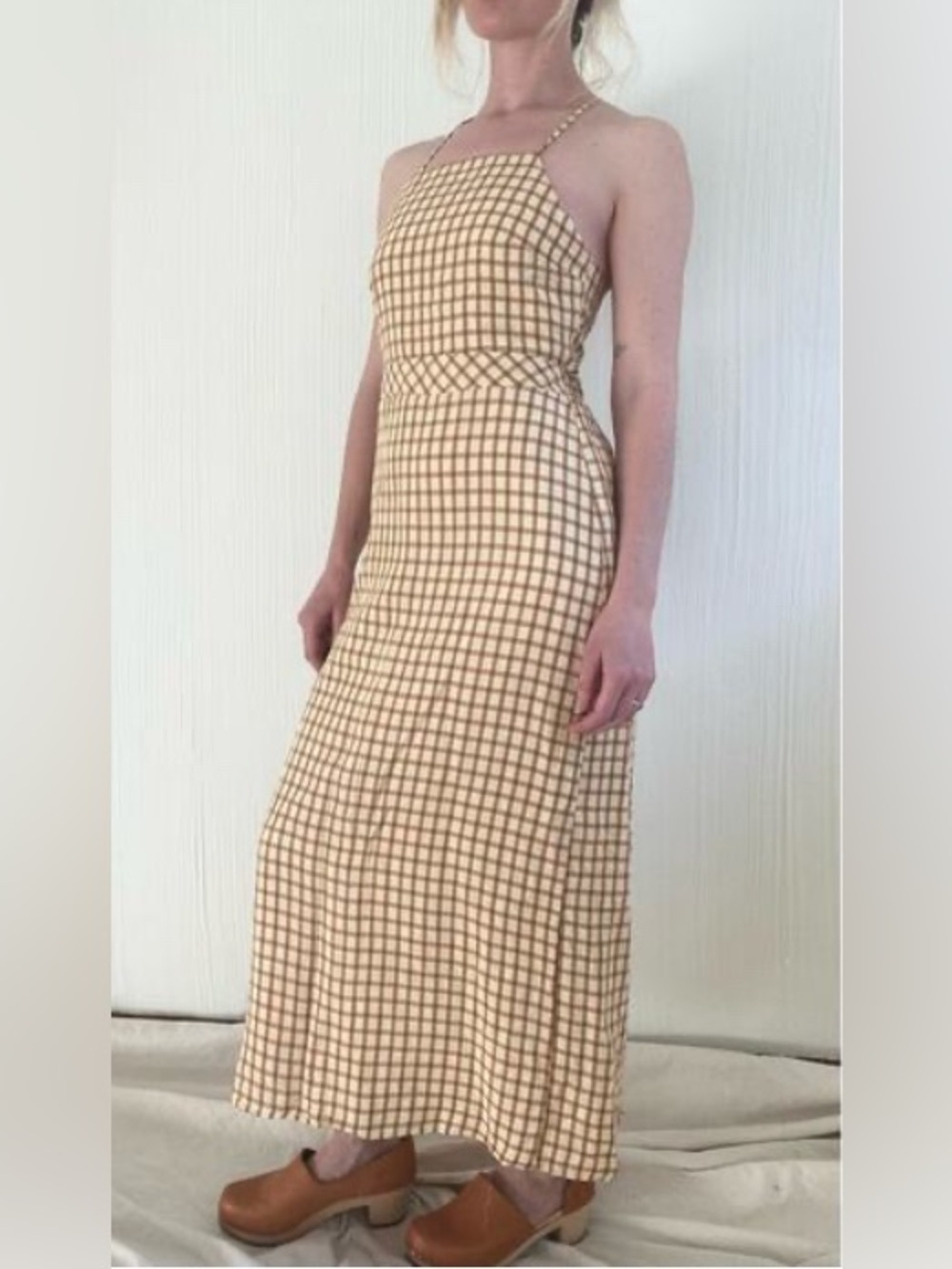 ZARA Linen Gingham Square Bust Summer Backless Midi Dress US SMALL